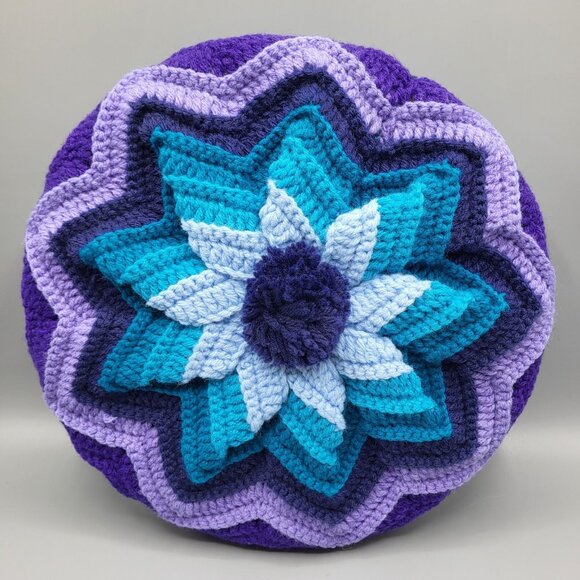 Handmade Other - Vtg Crochet Round Granny Throw Pillow Navy Blue Purple Yarn Ruffled Handmade